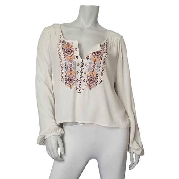 Billabong Womens SZ Large Peasant Top Cream Boho Embroidered Festival Hippie - Picture 1 of 10